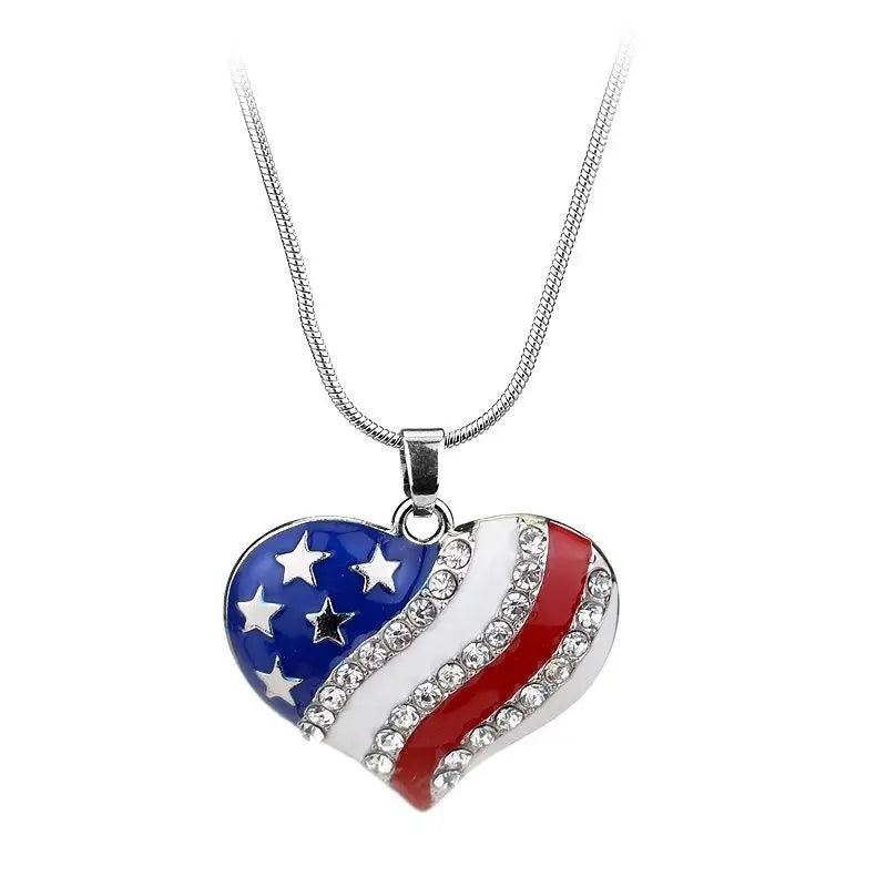 USA Flag Heart Rhinestone Pendant Necklace 18"