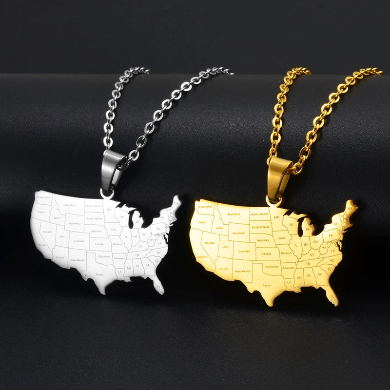 American Map With State Names Pendant Necklace