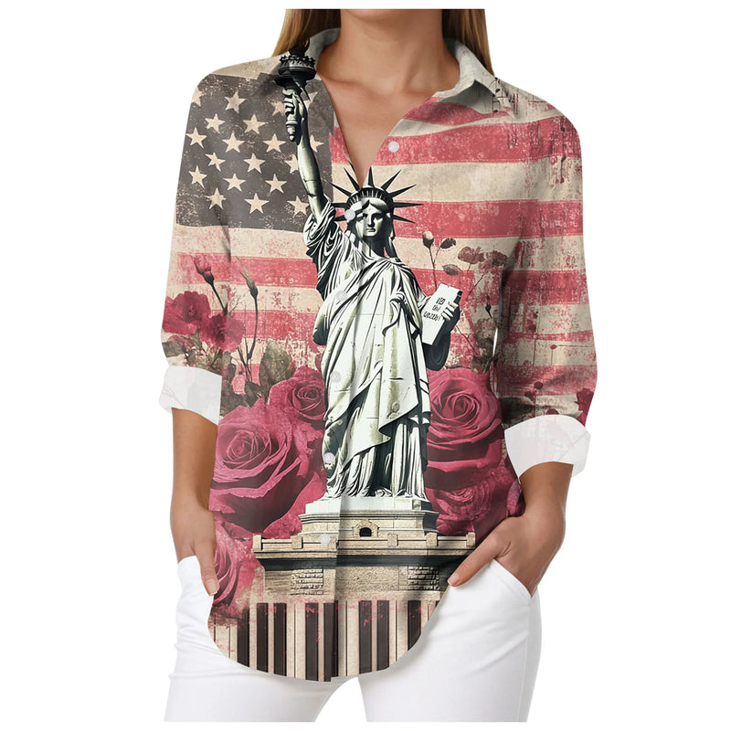 Women's USA Flag Floral Button Down Shirt