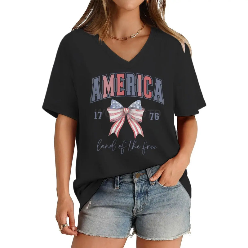 Women's America 1776 Flag Bow V-Neck T-Shirt